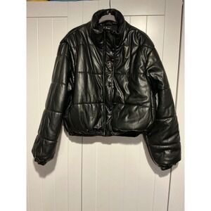 Lulus Black Faux Leather Puffer Jacket Cropped Quilted Mock Neck Size L